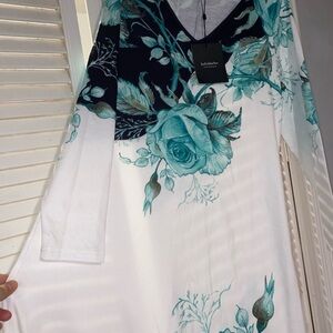 Teal and Black Floral Long Sleeve Dress